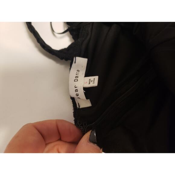 Black maxi Flocked Velvet Dress Spaghetti Strap High Slit Back Sheer Lined Sz L - Picture 15 of 16